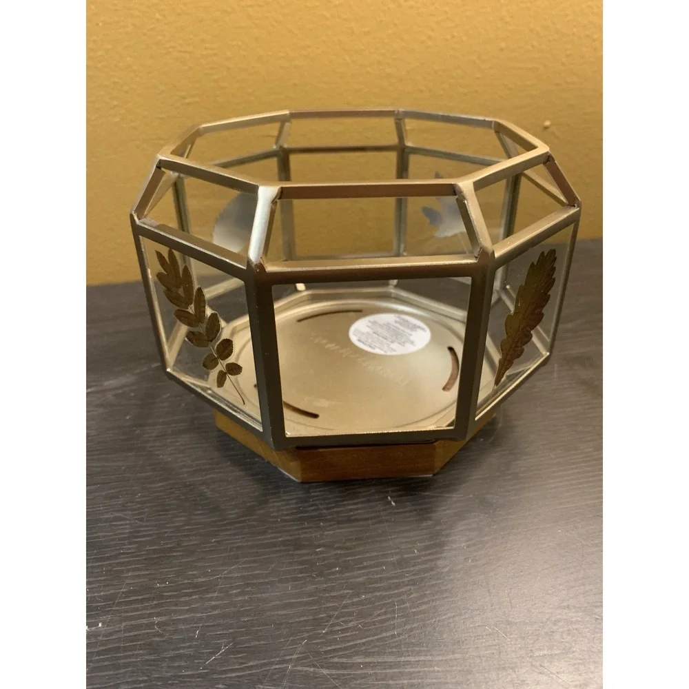 Bath & Body Works Candle Holder Gold Leaves Octagon Shaped Fall Autumn Wood Base - Picture 3 of 10